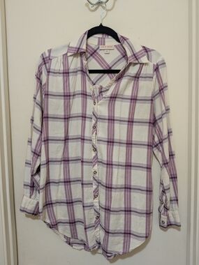 Knox Rose Plaid Button Down Shirt XS Lavender Cream Lightweight Boho
